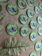 The ilikesara | art + goods iron-on patch features a polyphemus moth with lichen on green, displayed on wood beside an artificial fern.