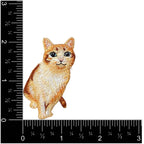 The Orange Tabby Cat embroidered iron-on patch by Wholesale Applique is shown next to black inch rulers, measuring about 2" tall and 1.5" wide, on a white background.