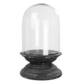 The HomArt Arroyo Dome with Wood Base, Black - Lrg features a clear, rounded glass dome atop a distressed black wood and glass base with visible wear and chipping, creating a striking display against any white background.