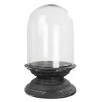 The HomArt Arroyo Dome with Wood Base, Black - Lrg features a clear, rounded glass dome atop a distressed black wood and glass base with visible wear and chipping, creating a striking display against any white background.