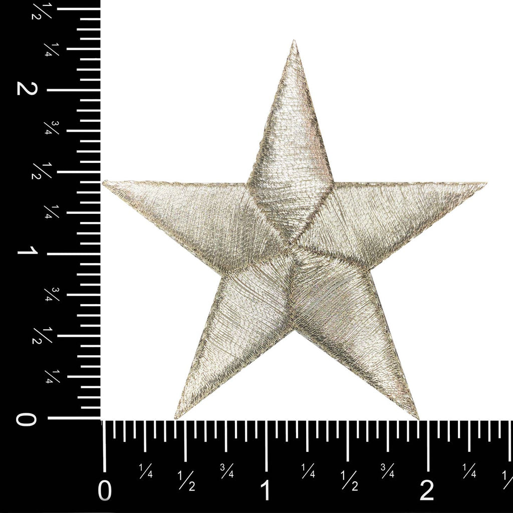 The Metallic Silver Stars iron-on patch by Wholesale Applique (2.38") is shown on a white background with black inch rulers on the left and bottom edges for scale.