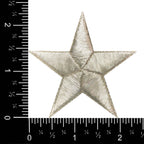 The Metallic Silver Stars iron-on patch by Wholesale Applique (2.38") is shown on a white background with black inch rulers on the left and bottom edges for scale.