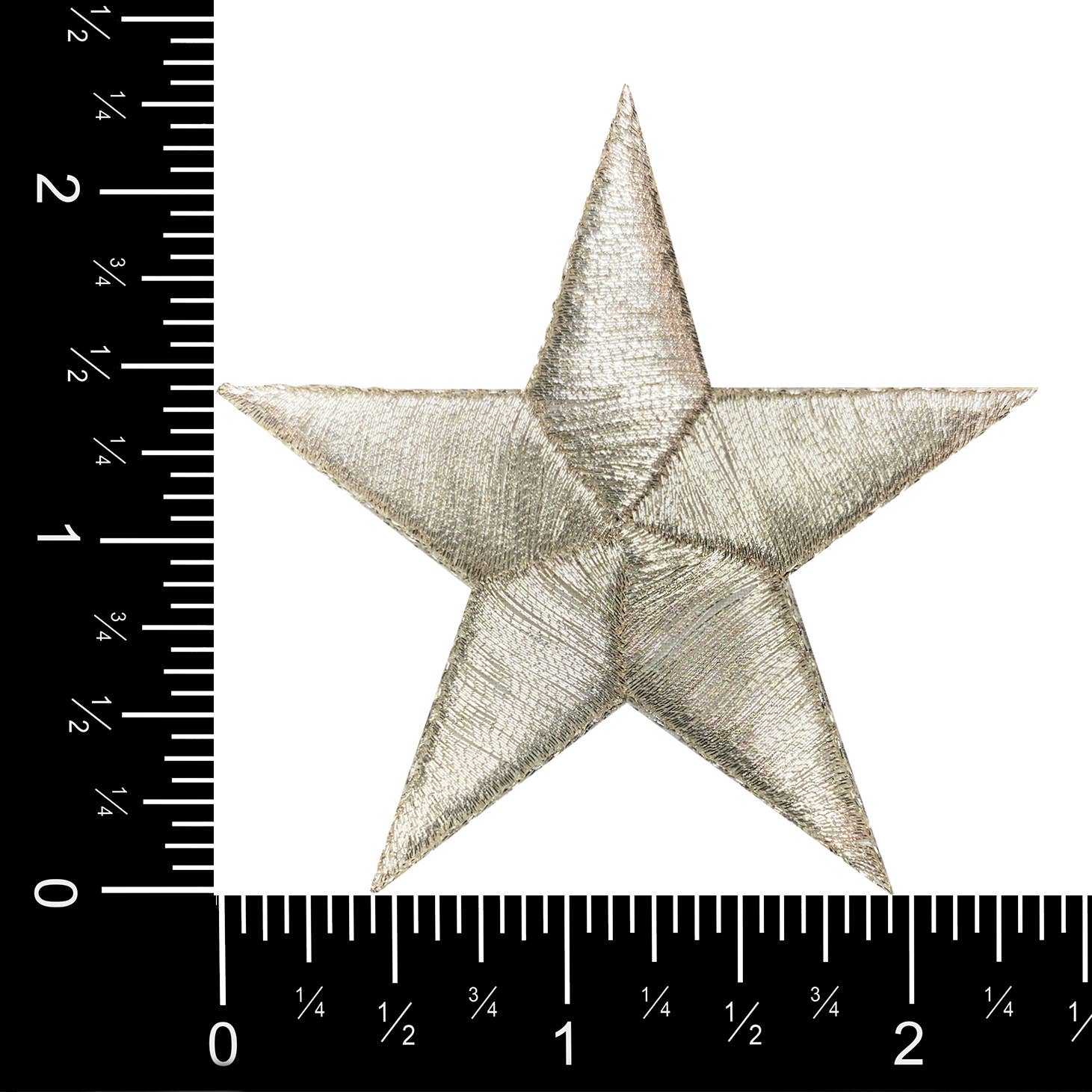 The Metallic Silver Stars iron-on patch by Wholesale Applique (2.38") is shown on a white background with black inch rulers on the left and bottom edges for scale.