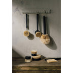 Four natural bristle brushes, including the Danica Heirloom Sisal Palm Dish Brush, hang on a white wall rack above a rustic wood surface with more brushes and a black tray of matches in soft lighting.