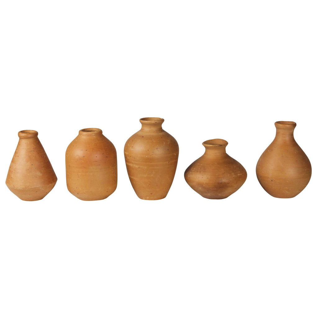 The HomArt Tiny Terra Cotta Vases - Set of 5 includes uniquely rounded vases with narrow openings, arranged in a row against a white background—ideal for displaying small dried buds.