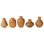 The HomArt Tiny Terra Cotta Vases - Set of 5 includes uniquely rounded vases with narrow openings, arranged in a row against a white background—ideal for displaying small dried buds.