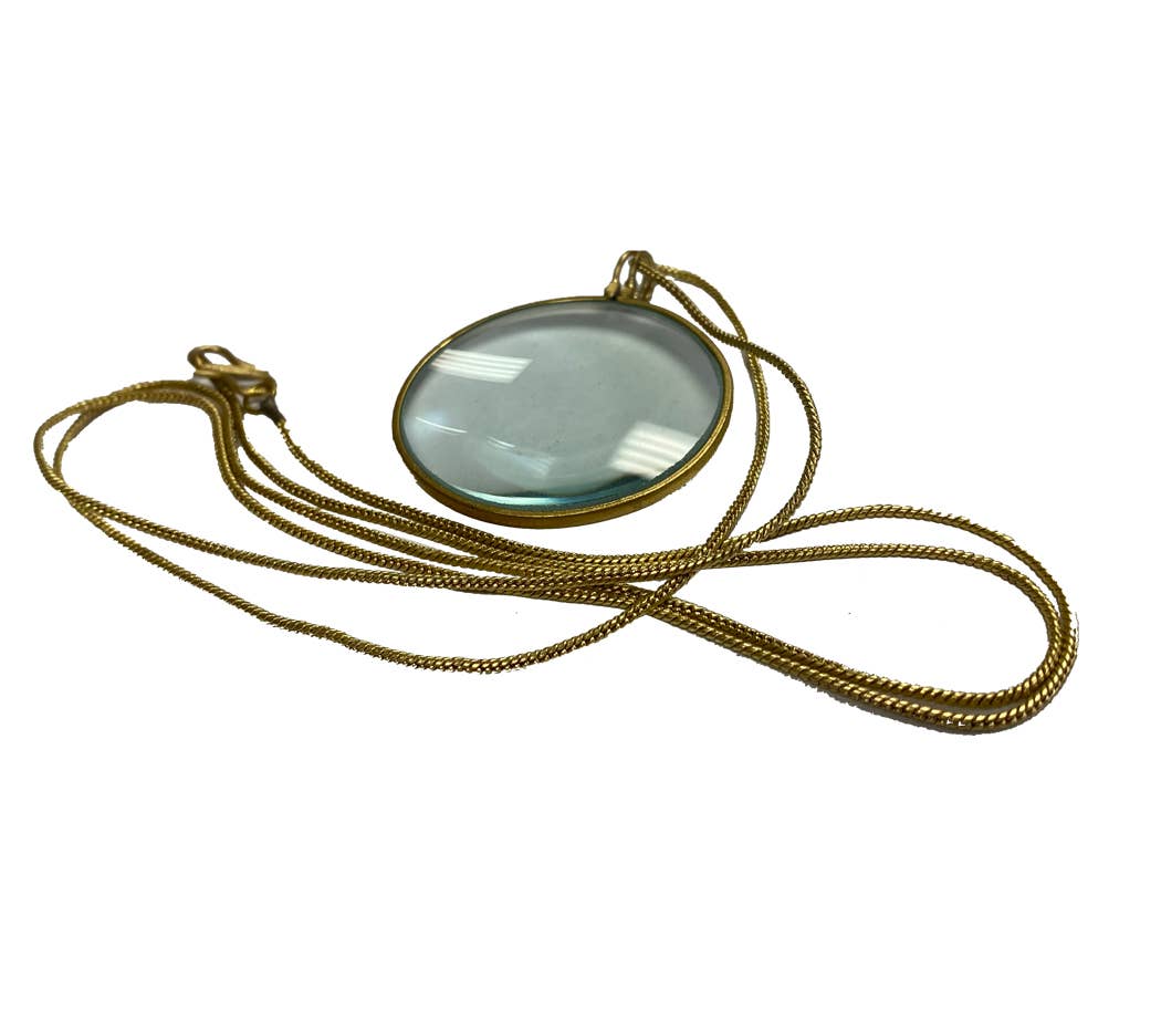 The Madison Bay Co. Antique Reproduction Magnifying Glass Necklace features a 1-3/4" round pendant, offering a stylish alternative to progressive readers—shown here against a white background.
