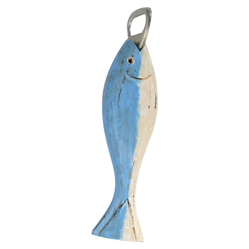 The Benjamin International Fish Bottle Opener is a wood opener shaped like a fish, painted blue and white with a carved smiling face and sturdy metal opener at the top.