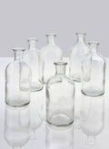 Six empty Jamali Garden Clear Medicine Bottle Bud Vases are arranged on a reflective white surface with a plain light gray background. Similar in size and shape, each vase casts a faint reflection—ideal for minimalist home decor.