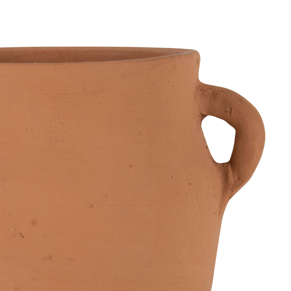 Close-up of the Foreside Home & Garden Natural Hand Thrown Terracotta Vase with Handles, featuring the upper rim and one handle against a white background.