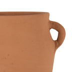Close-up of the Foreside Home & Garden Natural Hand Thrown Terracotta Vase with Handles, featuring the upper rim and one handle against a white background.