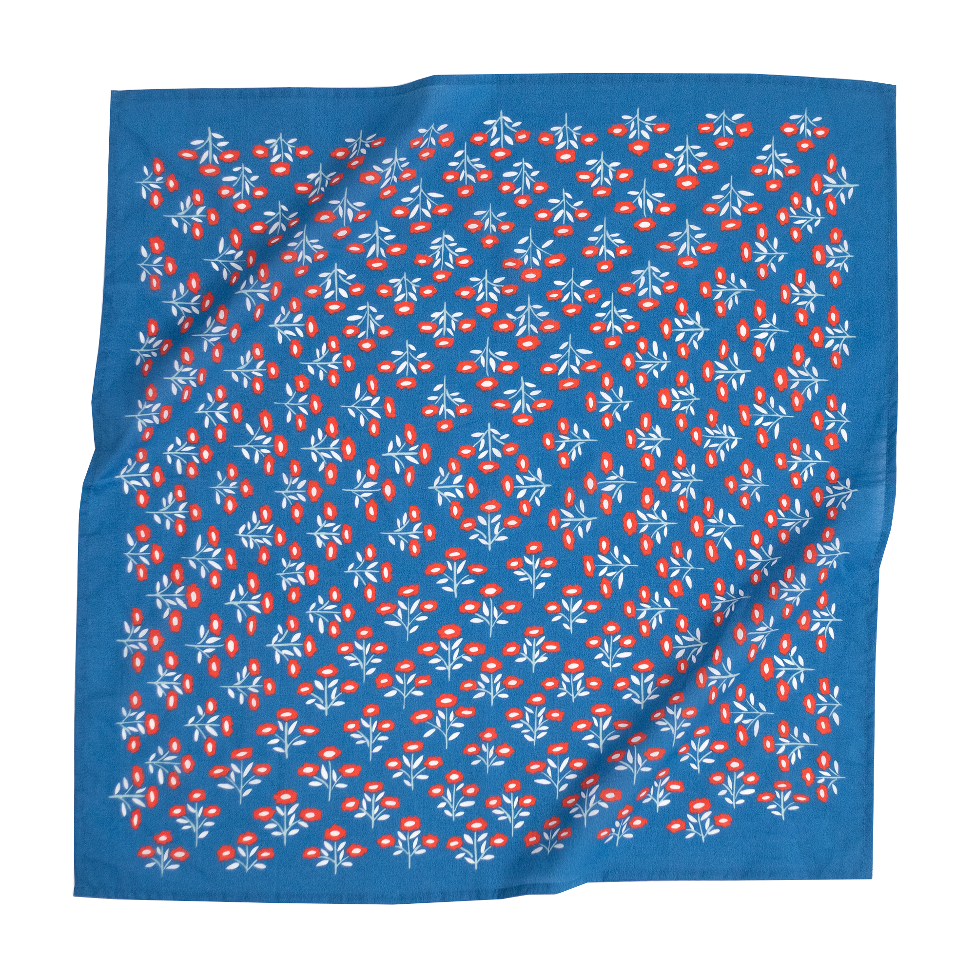 The No. 075 Juliet Bandana by Handker Bandanas is a 22x22-inch premium blue cotton bandana, hand screen-printed with small red and white flowers and green leaves. The scarf has a slightly wrinkled appearance.