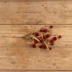 A 23" BURGUNDY POM POM BUSH by Ragon House, paired with dried red flowers and beige grasses, is arranged on a rustic wooden surface with visible grain and knots.