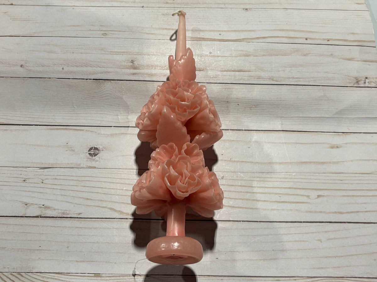 Rose Quartz Large Oaxaca Marigold Candle, a pale pink handmade pillar candle shaped like a stack of two marigold flower blooms.