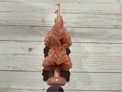 Rose Quartz Large Oaxaca Marigold Candle, a pale pink handmade pillar candle shaped like a stack of two marigold flower blooms.