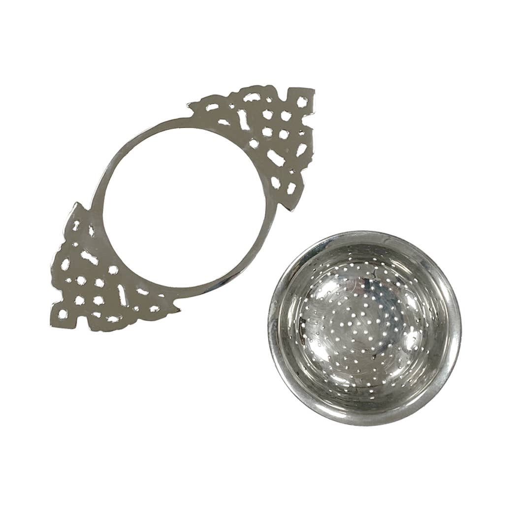 The Madison Bay Co. Nickel Plated Tea Strainer, Antique Vintage Style (4-1/2”), is displayed with its matching round mesh bowl on a white background.