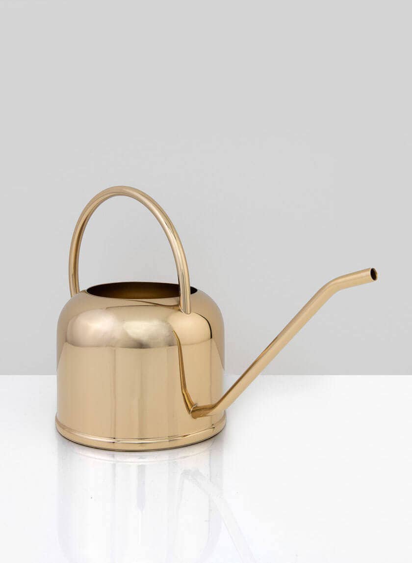 The Jamali Garden Le Mans Gold Watering Can, featuring a rounded body, curved top handle, and long narrow spout, is displayed on a white surface against a light gray background.