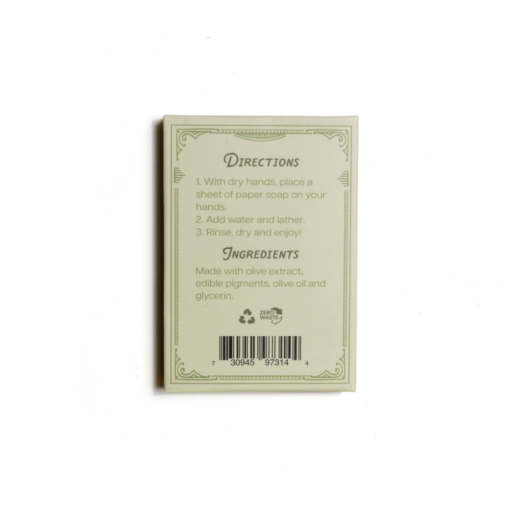 Back of 123 Farm Paper Soap – Olive Oil, Travel Size, 50 Sheets: Directions—Place one sheet on dry hands, add water, lather, rinse. Ingredients: olive extract, edible pigments, olive oil & glycerin.
