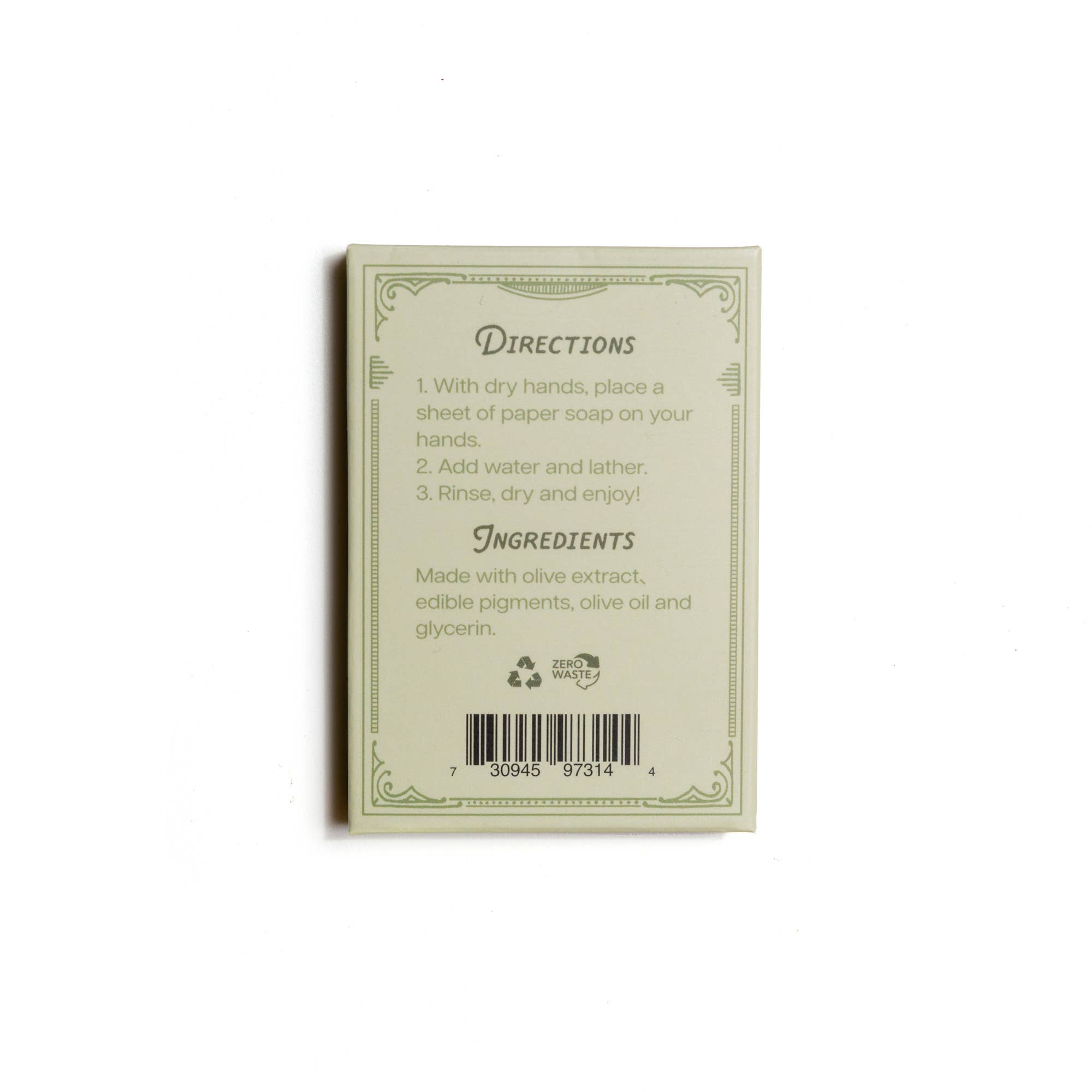 Back of 123 Farm Paper Soap – Olive Oil, Travel Size, 50 Sheets: Directions—Place one sheet on dry hands, add water, lather, rinse. Ingredients: olive extract, edible pigments, olive oil & glycerin.