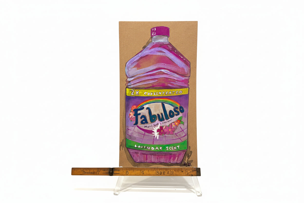 A painted illustration of a large, purple Rachel Nelson • Fab cleaner bottle by Thyne Goods stands upright with a ruler for scale, evoking neon flower art, set against a plain white background.