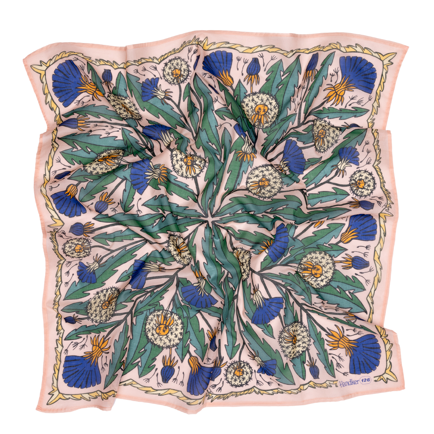 The 34" Dandy Wild Rag Bandana by Handker Bandanas is a square silk scarf with a botanical print of dandelions, green leaves, and blue thistles on pale pink, bordered with wavy lines and inspired by classic bandanas. Fabric has a slightly rumpled look.