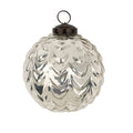 The Silverfrost Bauble by Indaba Trading is a round, silver Christmas ornament with a textured, wave-like ribbed finish and a metal cap with hanging loop.