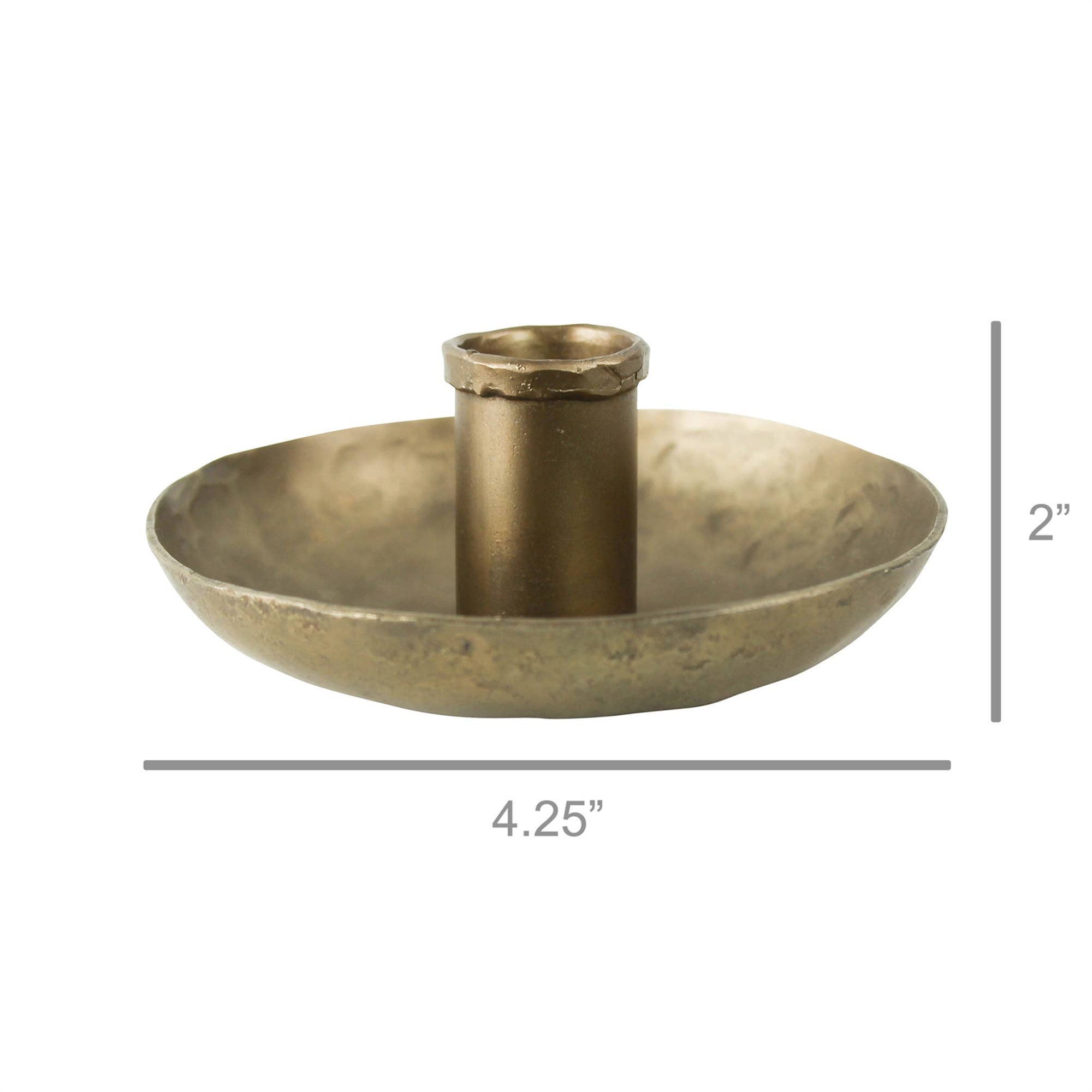 The Tanta Taper Holder by HomArt features a brass-plated aluminum design with a round shallow base and central cylindrical holder, measuring 4.25" wide by 2" tall.