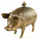 The Pig with Bird Storage Box by Vagabond Vintage features an antiqued brass finish, a pig shape with a hinged lid, and a bird figurine perched on top for decorative storage.