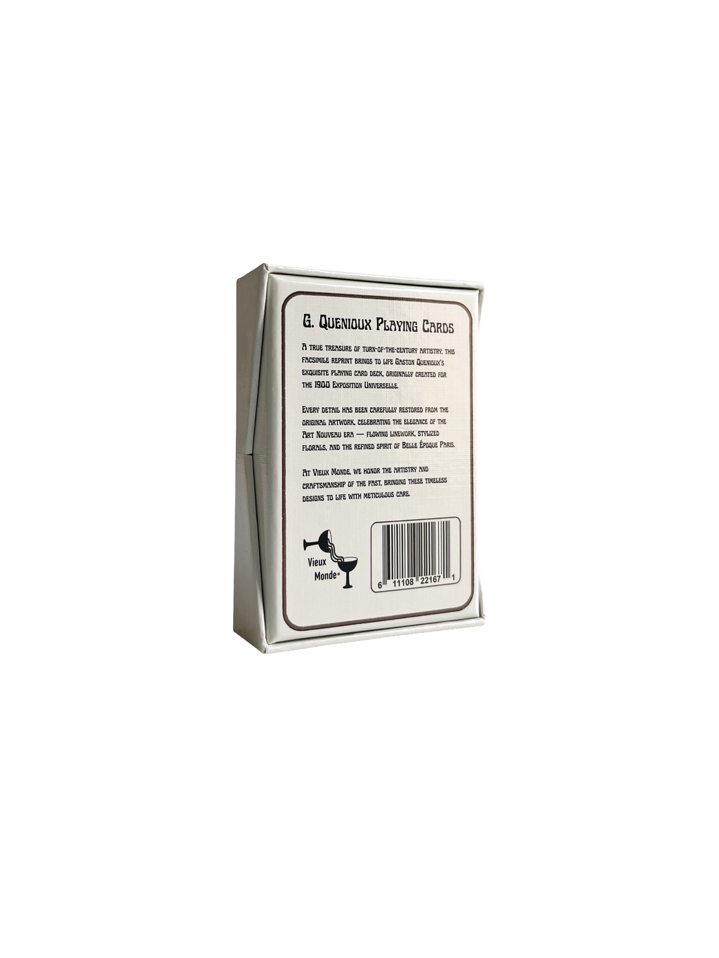 Back view of a G. Quenioux Playing Cards - 1900 Paris Exposition Facsimile deck by Vieux Monde in a white box with text, barcode, and icons on the packaging, set against a plain white background.