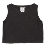 Sleeveless black V-neck Basic Cami Tank from Thyne Goods laid flat, visible stitching, and a small tag with a star logo near the neckline.