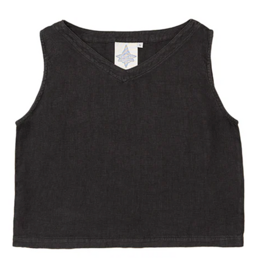 Sleeveless black V-neck Basic Cami Tank from Thyne Goods laid flat, visible stitching, and a small tag with a star logo near the neckline.