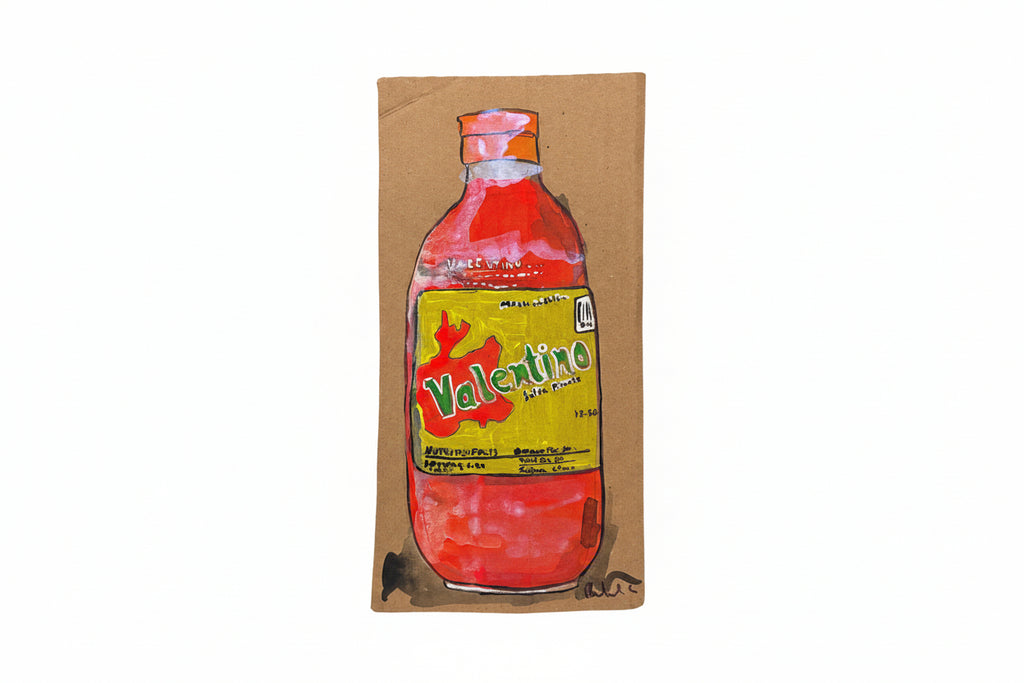 A painted illustration titled "Rachel Nelson • Valentino" by Thyne Goods features a Valentina hot sauce bottle with a yellow label and red cap on found cardboard, set against a plain white background.